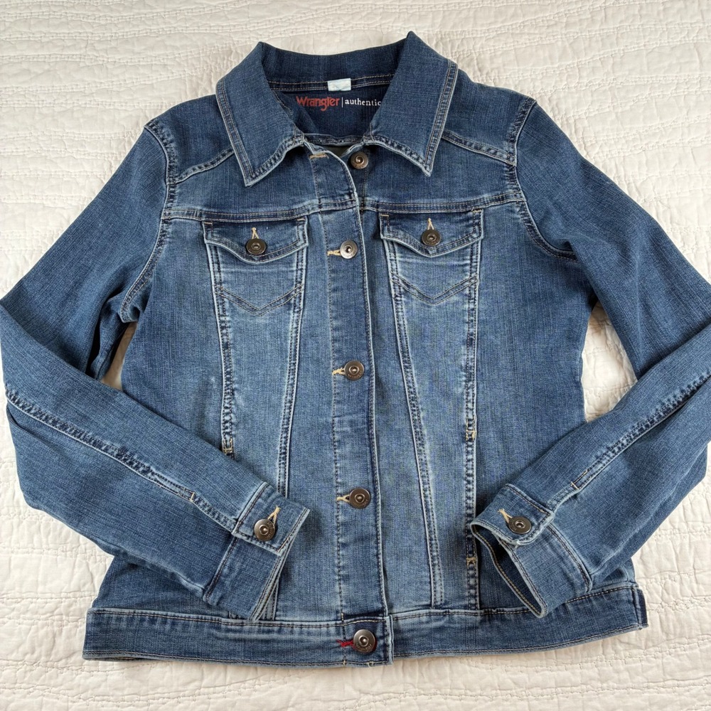 Wrangler Authentics Women Stretch Denim Jacket L Blue Jean Trucker Western Retro